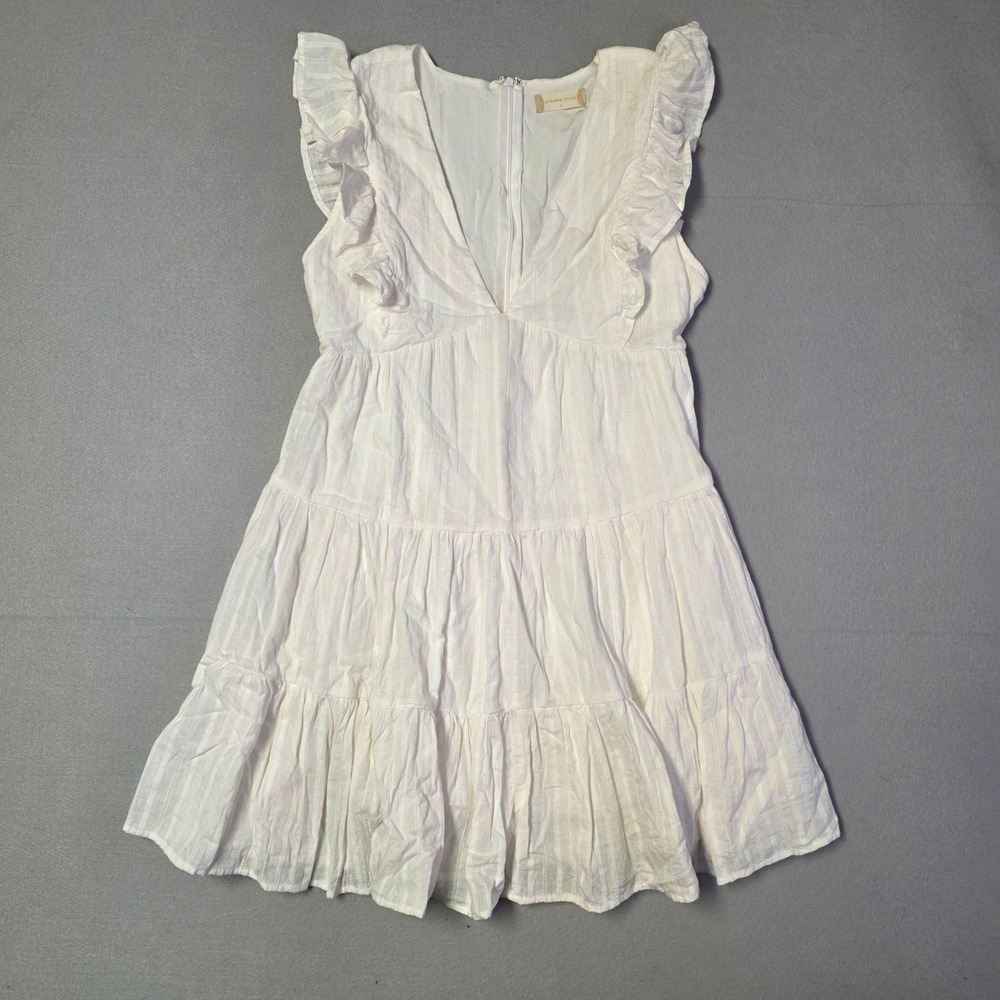 Altar'd State Womens L White Cotton Tiered Mini Dress Ruffle Sleeve V Neck